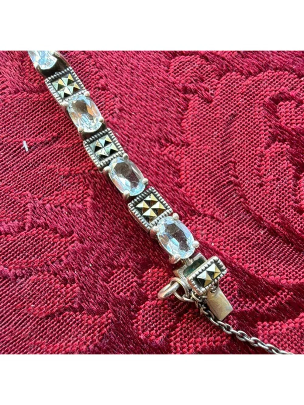 Vintage Sterling Silver 925 Blue Topaz Marcasite Tennis Bracelet 8